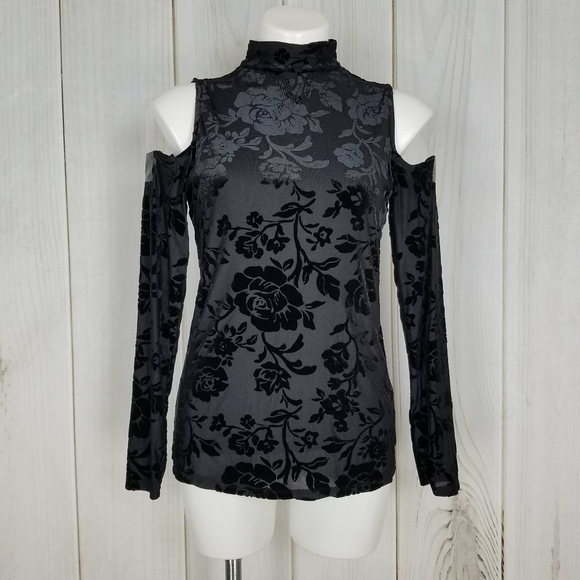 Adrianna Papell Tops - Adrianna Papell Black Velvet Embellished Cold Shoulder Top Size Small
